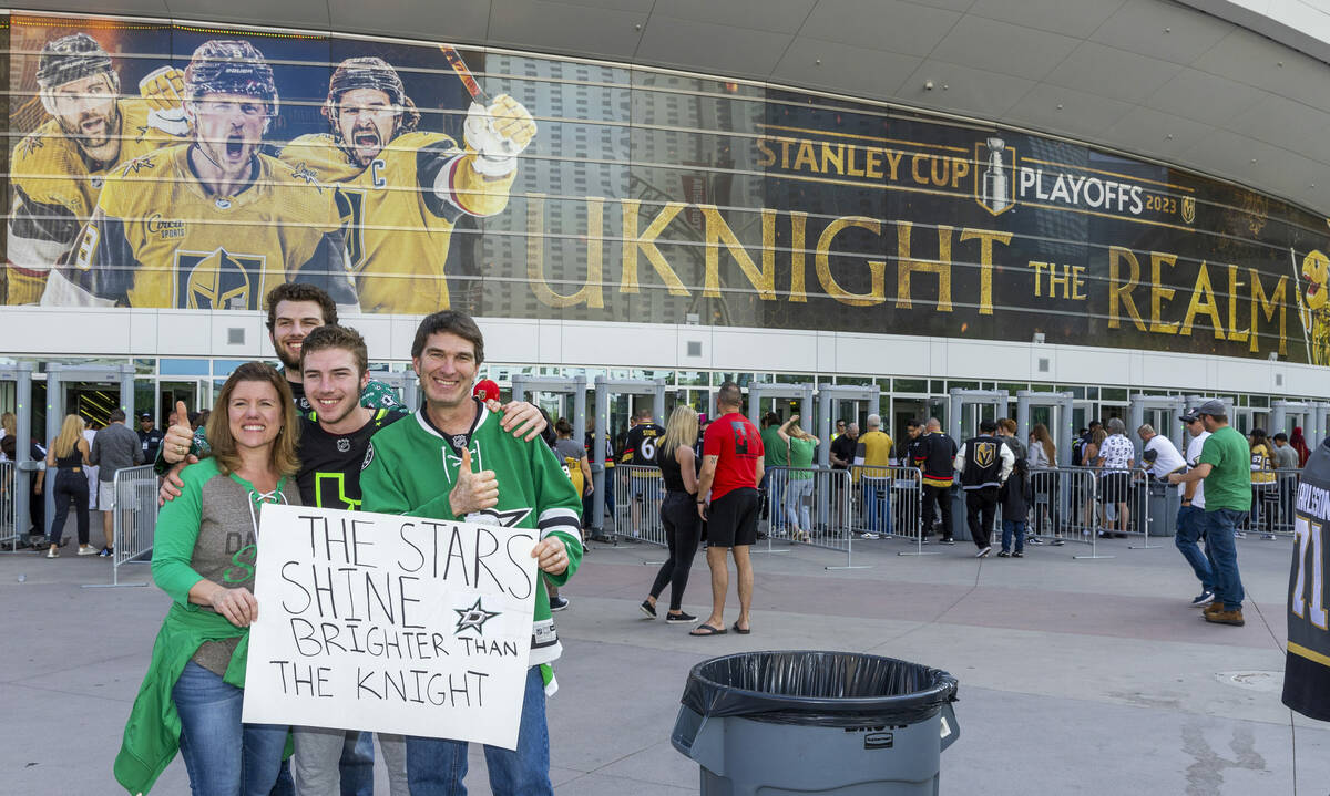 Dallas Stars fans show of their handmade sign outside before the first period in Game 1 of an N ...