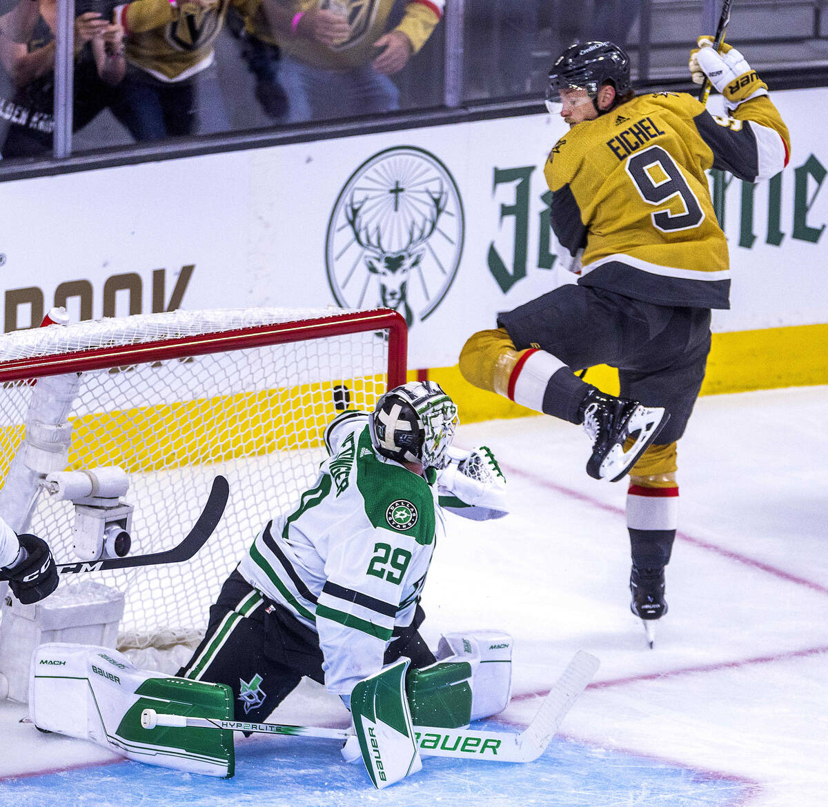 Golden Knights center Jack Eichel (9) catches some air after a near score against Dallas Stars ...