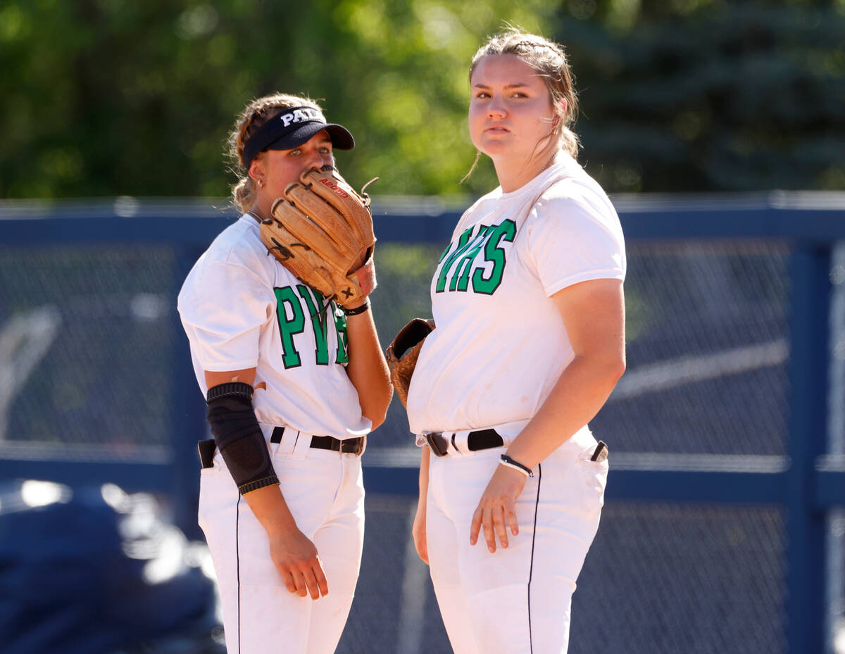 Palo Verde High's second basman Taylor Johns, left, and first baseman Cameron Lauretta discuss ...