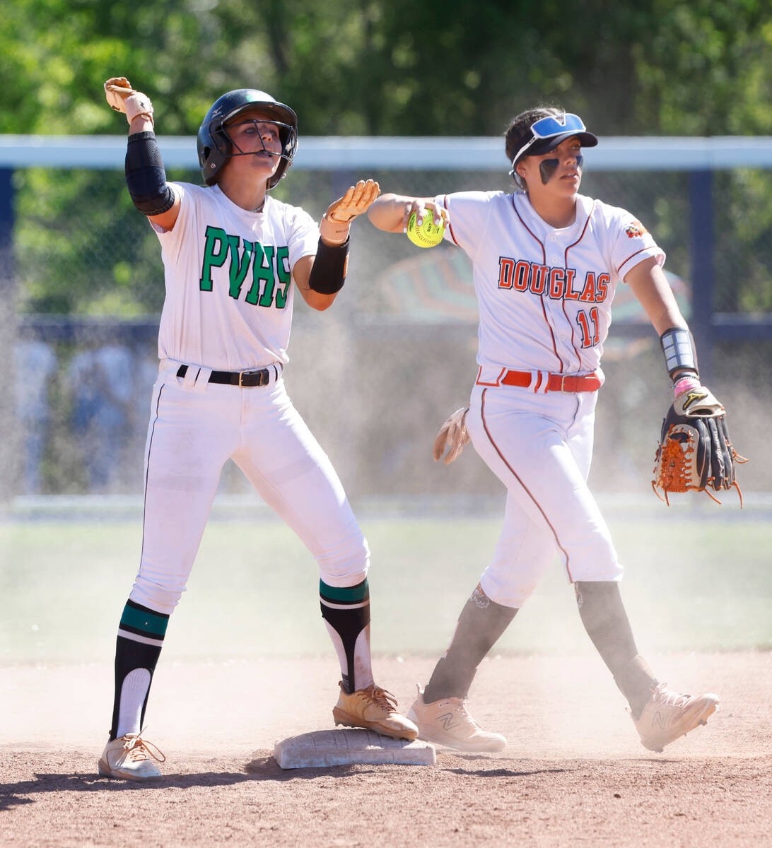 Palo Verde High's second baseman Taylor Johns, left, reacts after hitting a double against Doug ...