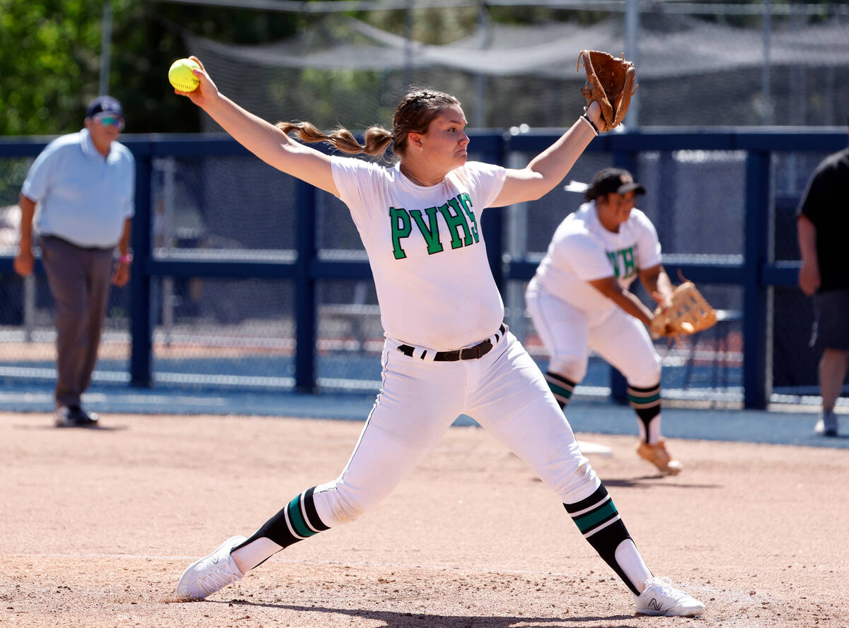 Palo Verde High's Cameron Lauretta delivers during Class 5A softball state tournament opening r ...