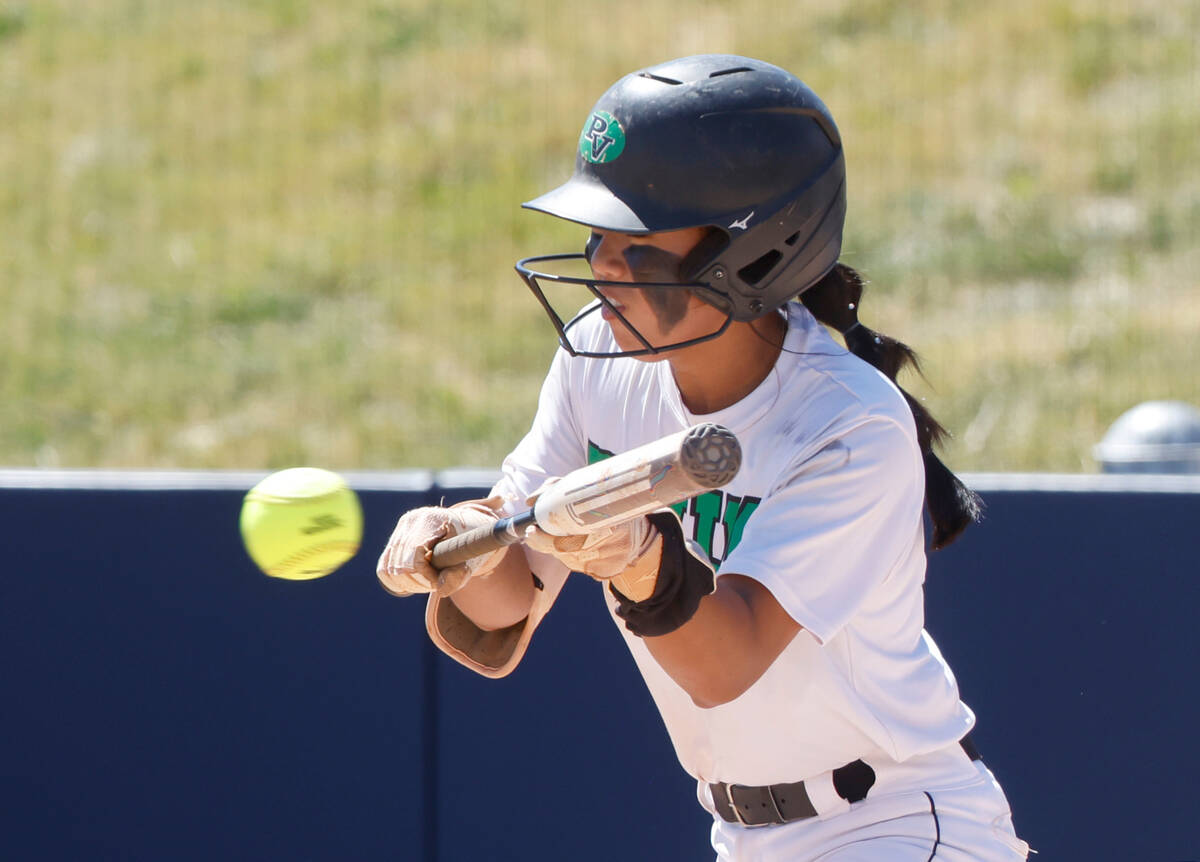 Palo Verde High's Makayla Enriquez bunts during Class 5A softball state tournament opening roun ...