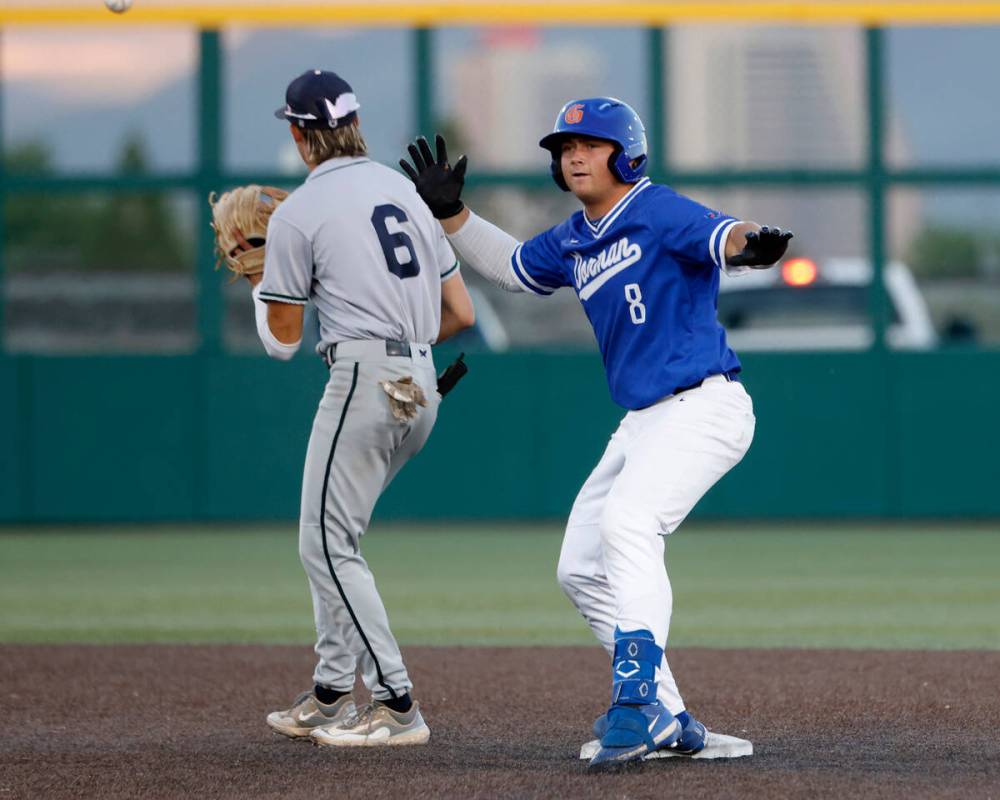 Bishop Gorman High's Gunnar Myro (8) reacts after hitting a double against Damonte Ranch High d ...