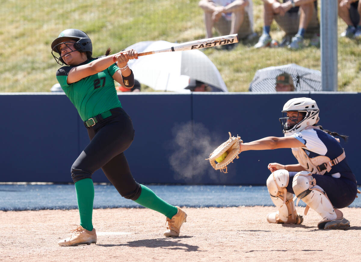 Palo Verde High's Zoe Helein (27) swings and miss against Centennial High during Class 5A state ...