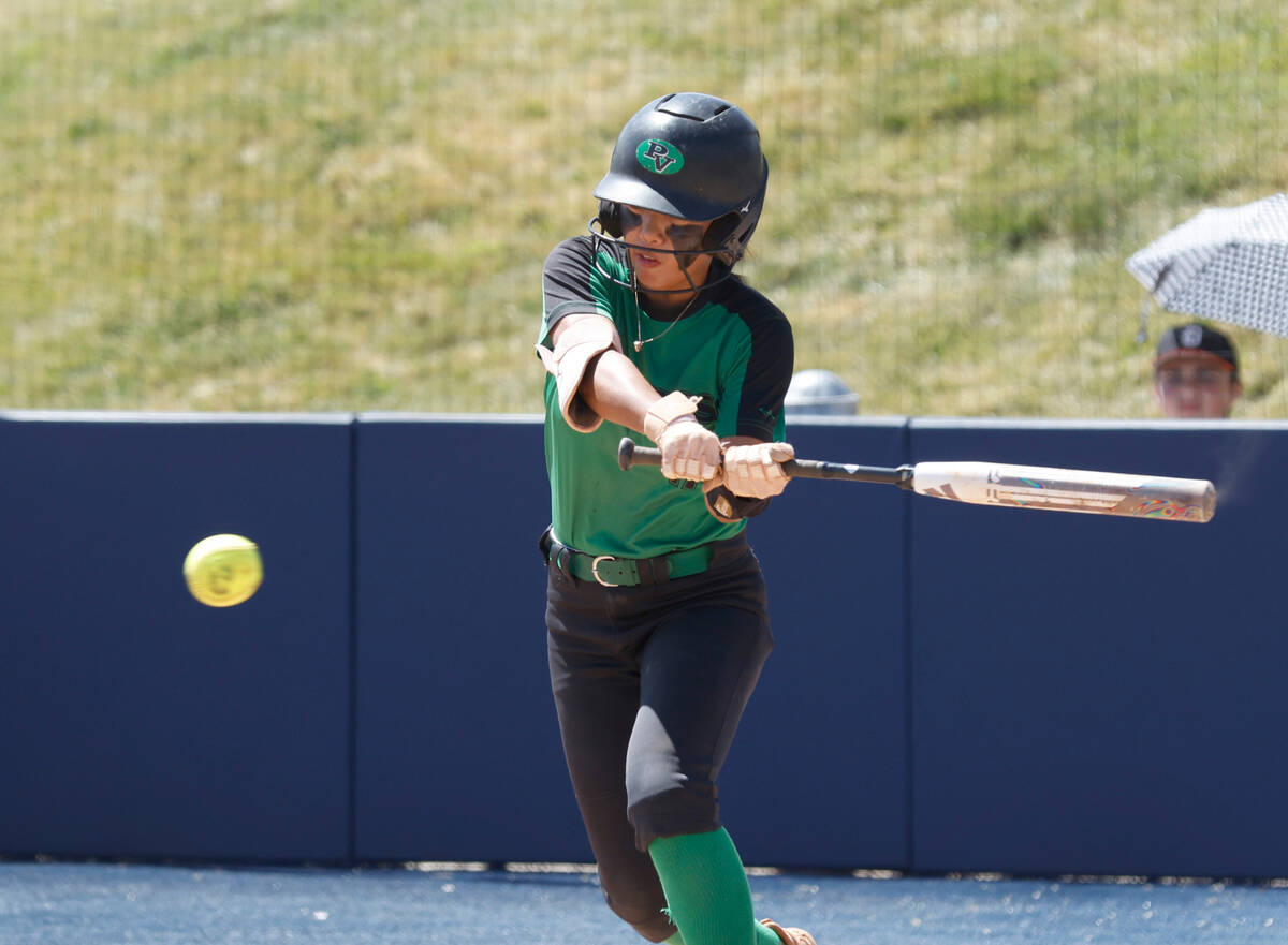 Palo Verde High's Makayla Enriquez (17) connects for a hit against Centennial High during Class ...