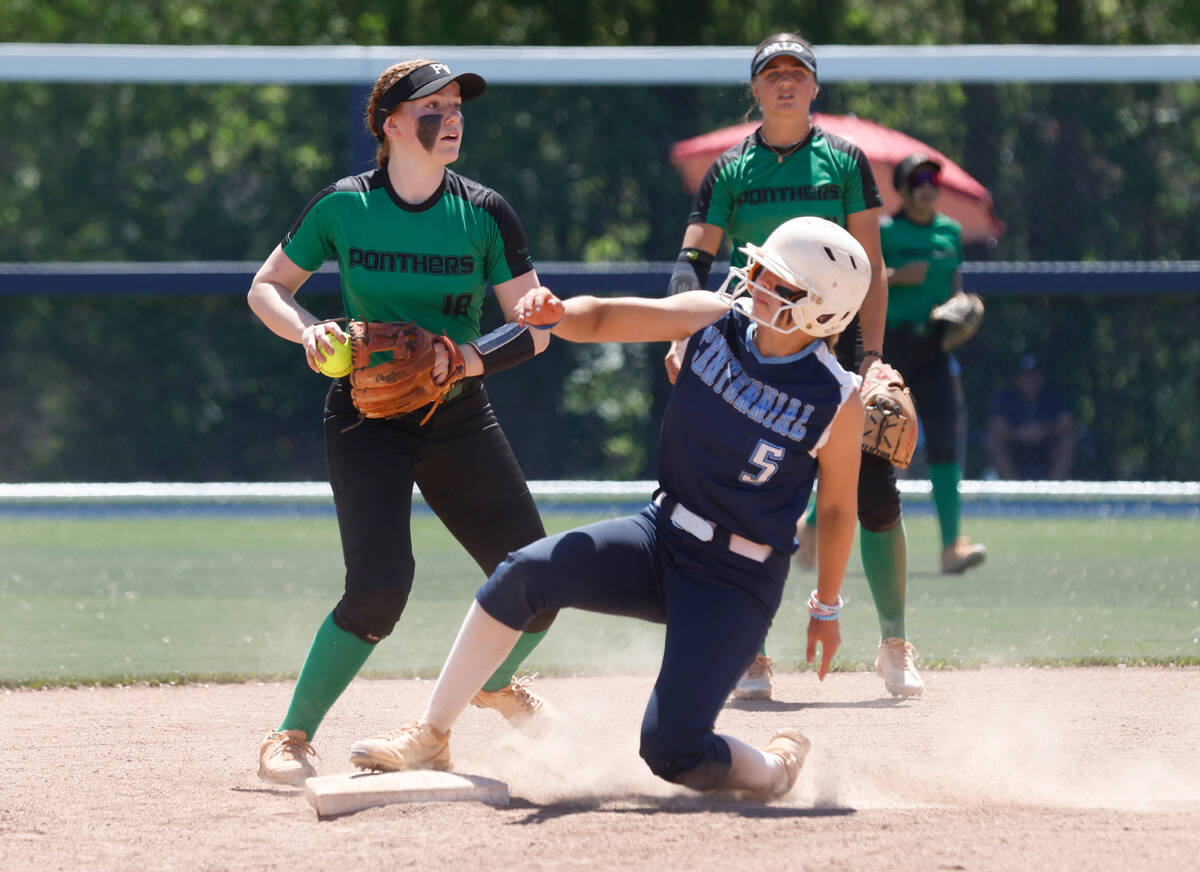 Palo Verde High's shortstop Mya Bartlett forces out a sliding Centennial High's Carmella Korte ...