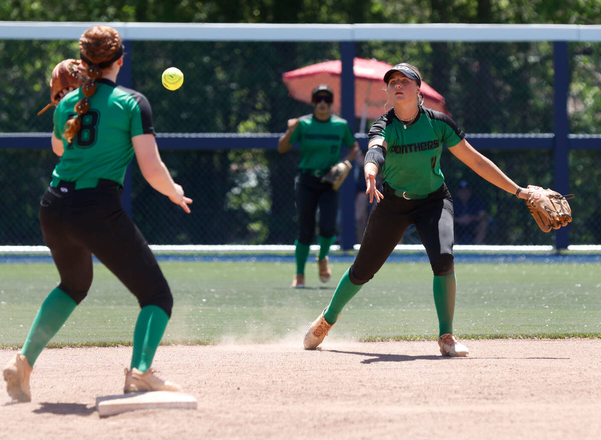 Palo Verde High's second baseman Taylor Johns, right, throws the ball to shortstop Mya Bartlett ...