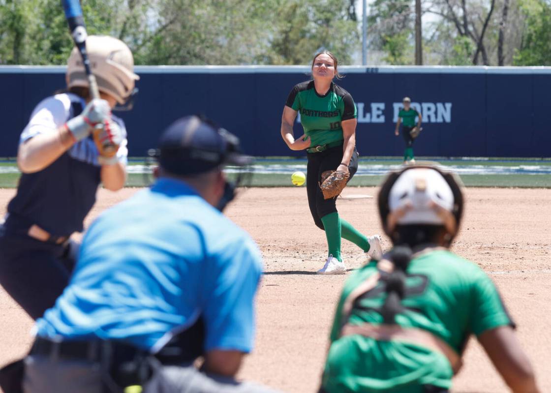 Palo Verde High's Cameron Lauretta delivers a pitch against Centennial High's Juliana Bosco, le ...