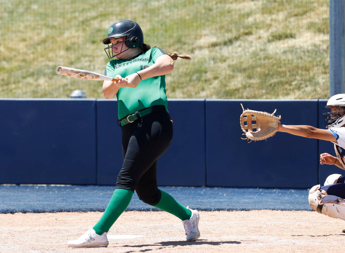 Palo Verde High's Cameron Lauretta connects for a double against Centennial High during Class 5 ...