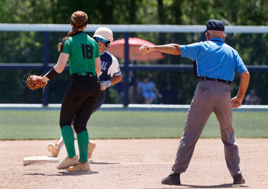 Centennial High's Juliana Bosco reaches safe at second as Palo Verde High's shortstop Mya Bartl ...