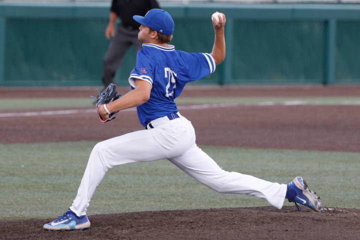 Bisho Gorman's Kamdyn Perry delivers a pitch against Desert Oasis High during Class 5A state hi ...