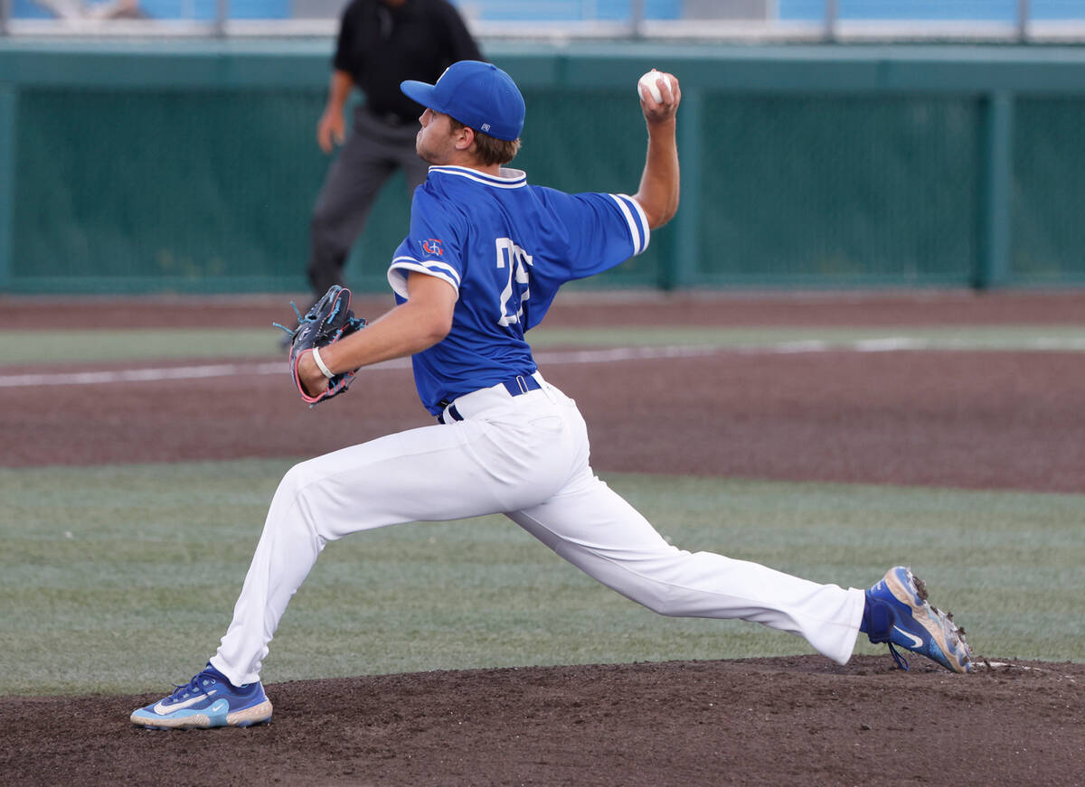 Bisho Gorman's Kamdyn Perry delivers a pitch against Desert Oasis High during Class 5A state hi ...