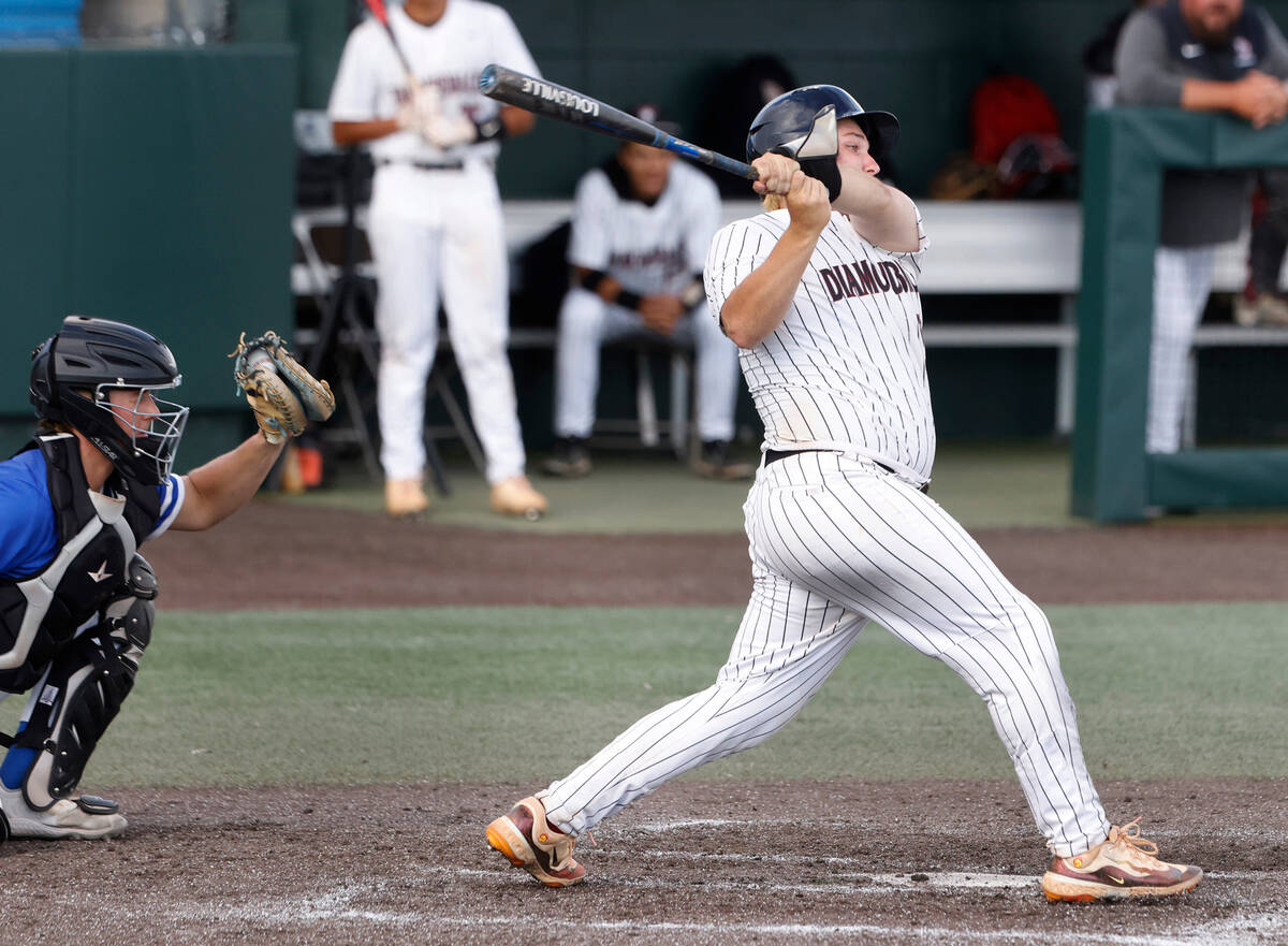 Desert Oasis High's Ethan Kelly connects for a hit against Bishop Gorman during Class 5A state ...