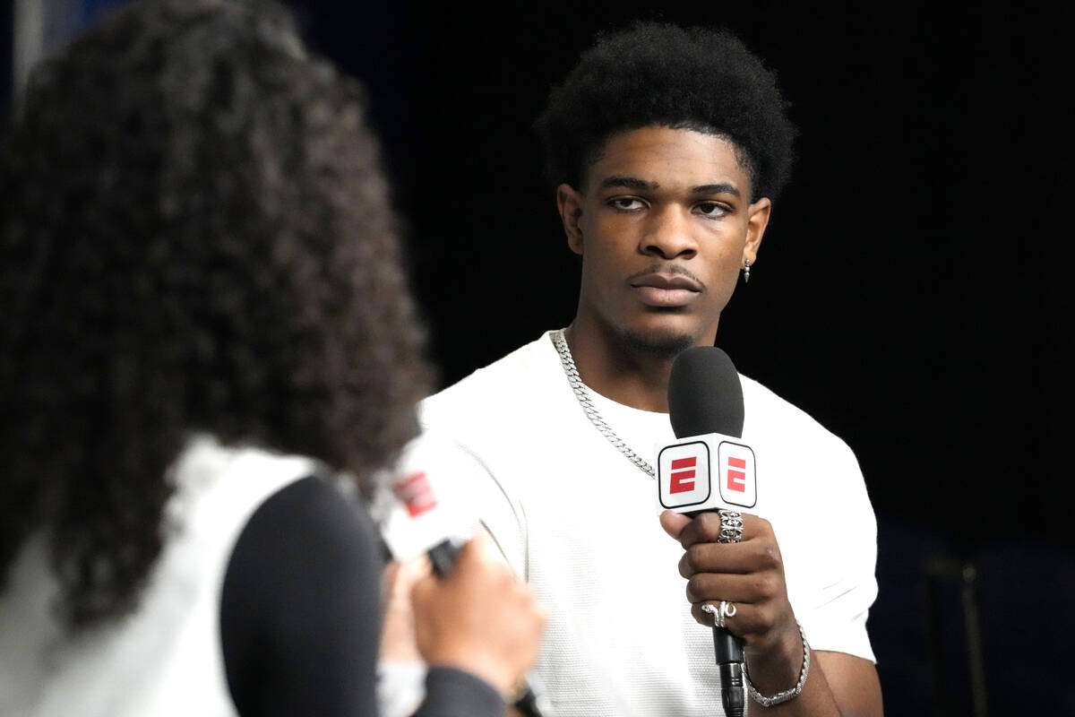 Scoot Henderson listens to a question from the media during the 2023 NBA basketball Draft Combi ...