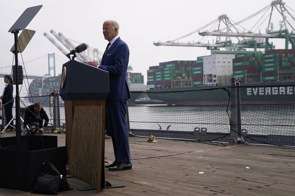 President Joe Biden speaks about inflation and supply chain issues at the Port of Los Angeles, ...