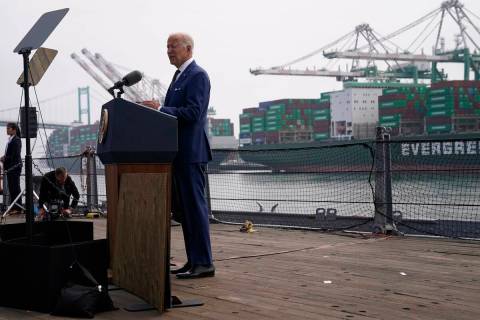 President Joe Biden speaks about inflation and supply chain issues at the Port of Los Angeles, ...