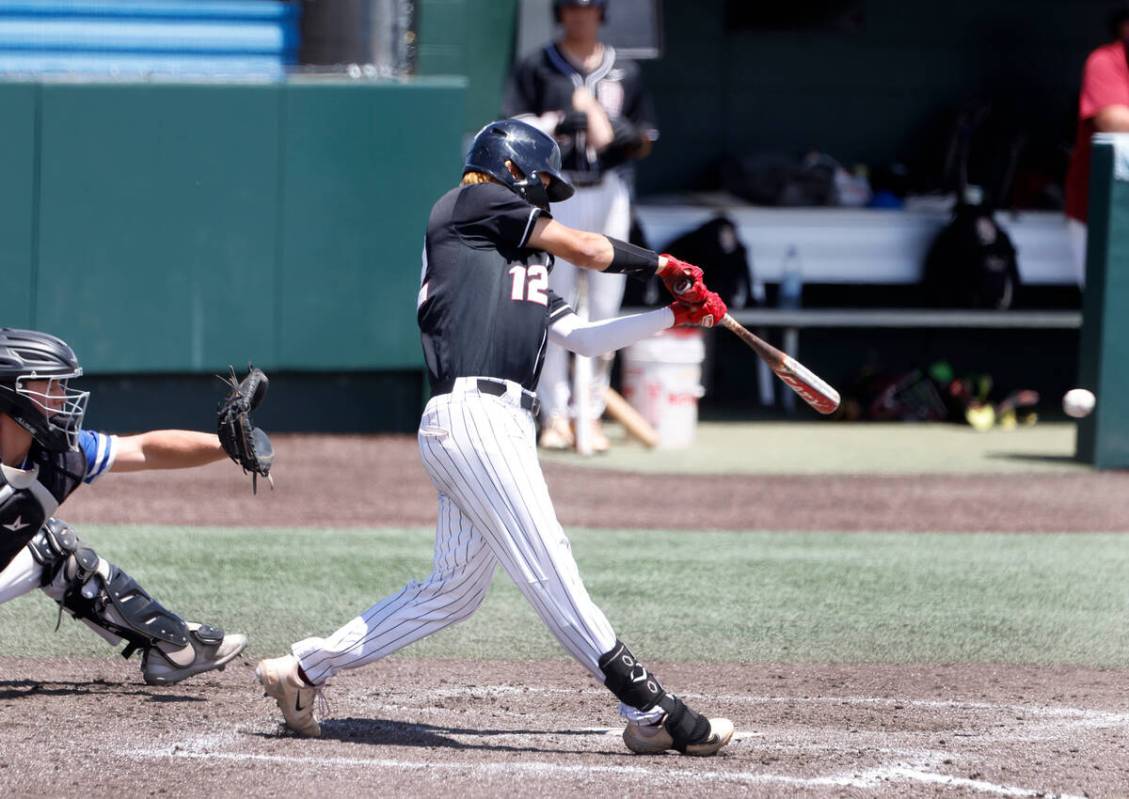 Desert Oasis' Seth Lyons connects for a hit against Bishop Gorman during a Class 5A high school ...