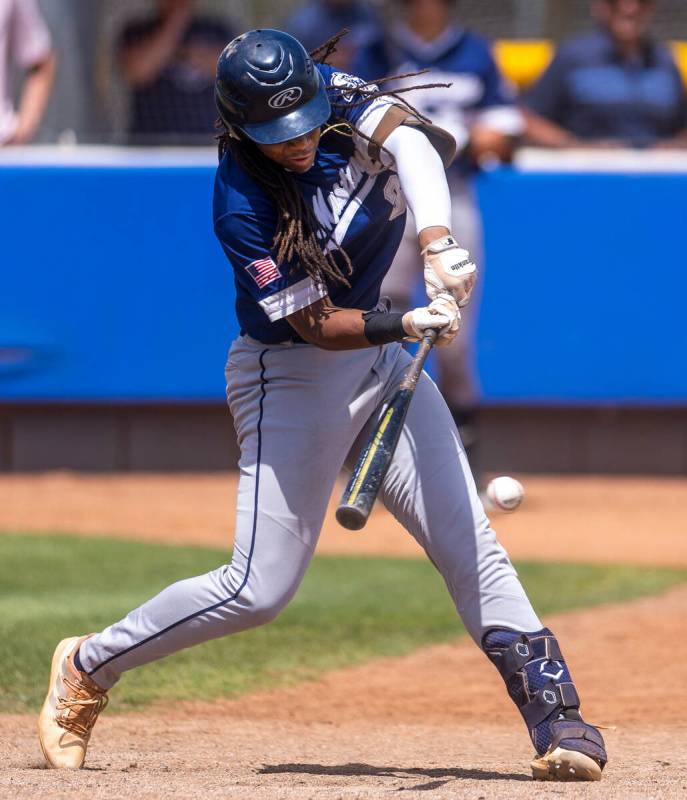 Shadow Ridge batter Christian Wilkes connects on a Foothill pitch during the sixth inning of a ...