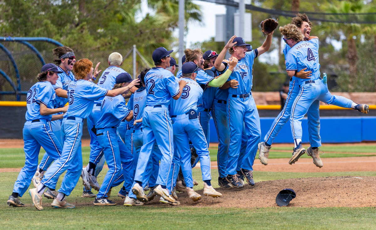 Foothill players celebrate their win over Shadow Ridge 3-2 in the NIAA High School 4A baseball ...