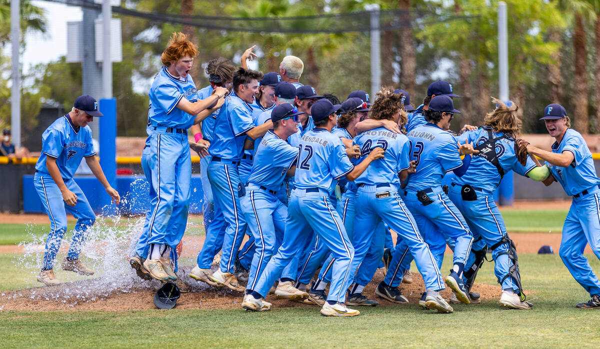 Foothill players celebrate their win over Shadow Ridge 3-2 in the NIAA High School 4A baseball ...