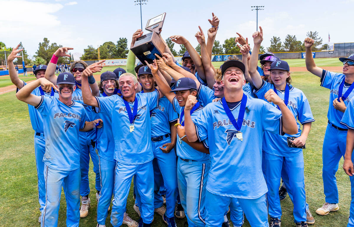 Foothill players celebrate their win over Shadow Ridge 3-2 in the NIAA High School 4A baseball ...