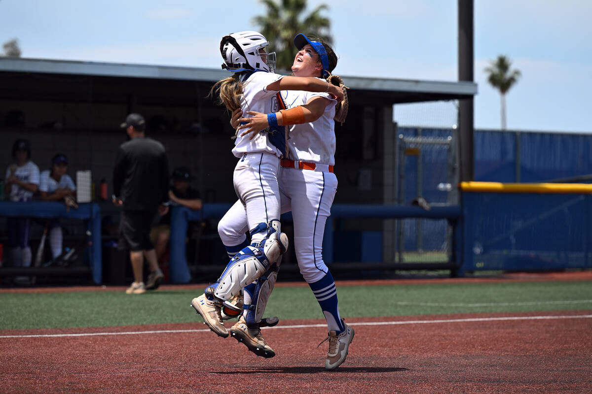 Bishop Gorman’s Chloe Makinney, left, and Jordyn Fray celebrate their victory over Silve ...