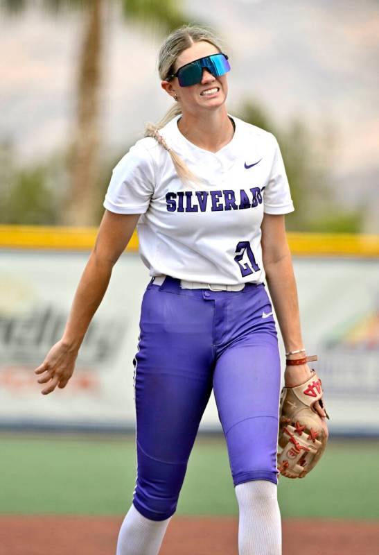 Silverado pitcher Macy Magdaleno reacts after a pitch against Bishop Gorman during the 4A state ...