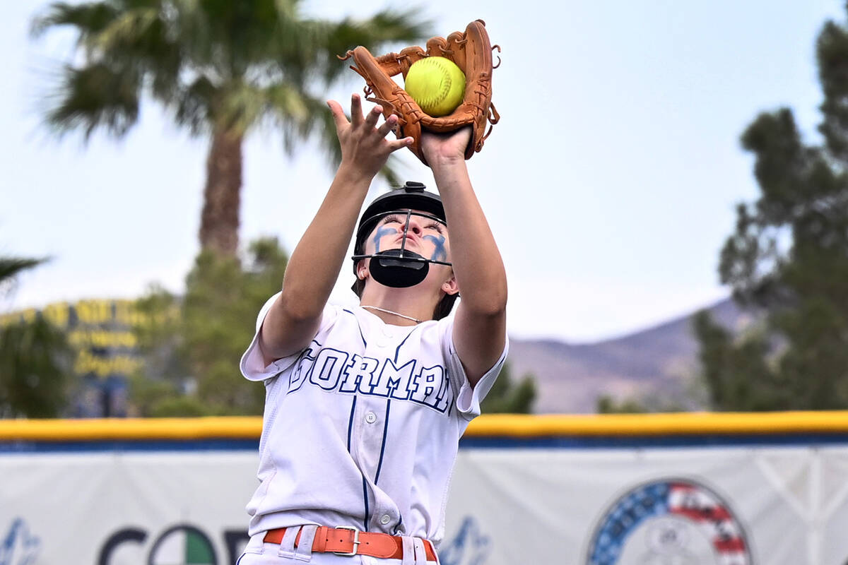 Bishop Gorman’s Raelynne Brown makes a catch against Silverado during the 4A state softb ...