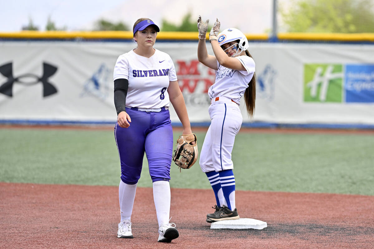 Bishop Gorman’s Raelynne Brown applauds at second base against Silverado’s Jordyn ...