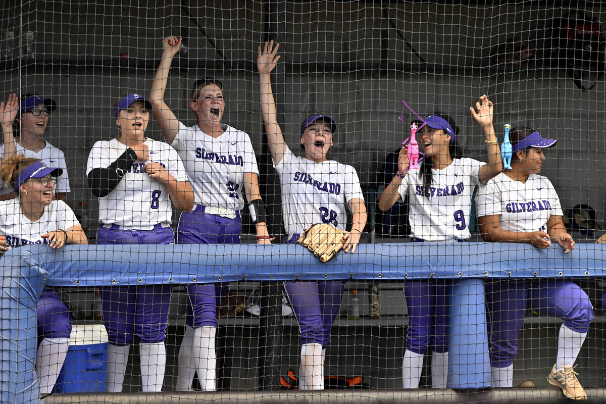 Silverado cheers from their dugout during the 4A state softball championship against Bishop Gor ...