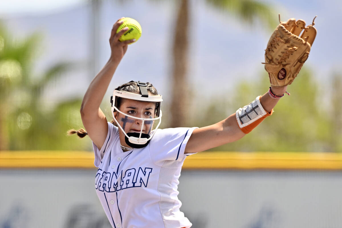 Bishop Gorman pitcher Gianna Hornyak winds-up against Silverado during the 4A state softball ch ...