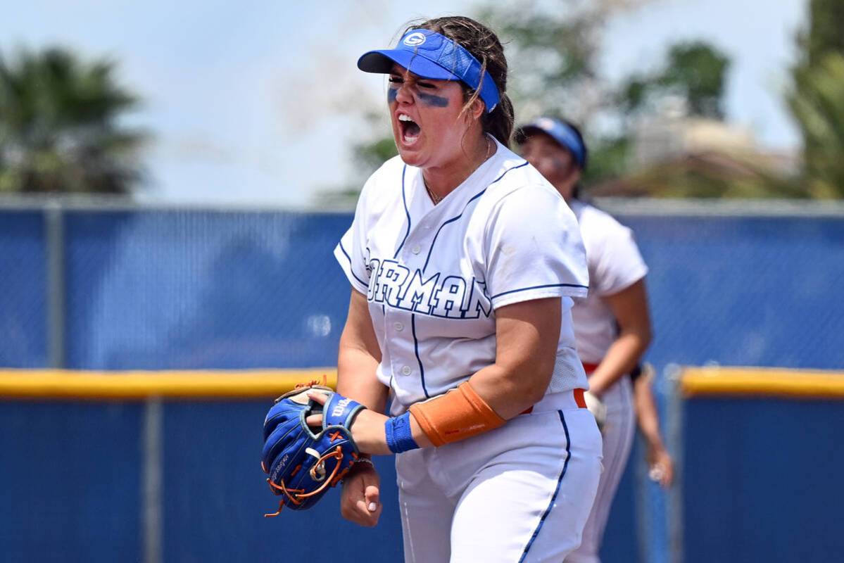 Bishop Gorman pitcher Jordyn Fray reacts after defeating Silverado in the 4A state softball cha ...