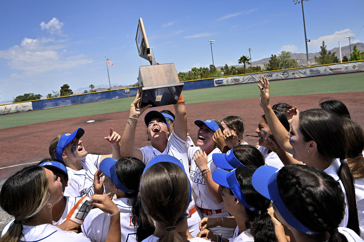Bishop Gorman celebrates their victory over Silverado in the 4A state softball championship gam ...