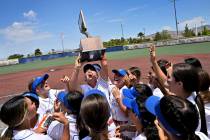 Bishop Gorman celebrates their victory over Silverado in the 4A state softball championship gam ...
