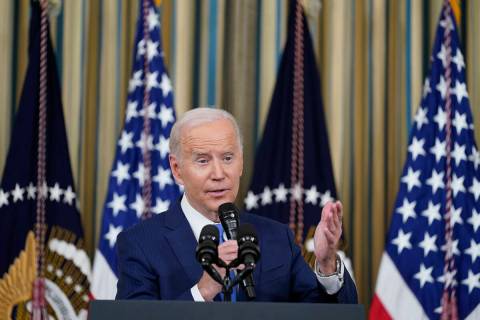 FILE - President Joe Biden speaks in the State Dining Room of the White House in Washington, We ...