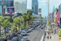 Crowds walk along the Strip on Friday, May 19, 2023, in Las Vegas. (L.E. Baskow/Las Vegas Revie ...