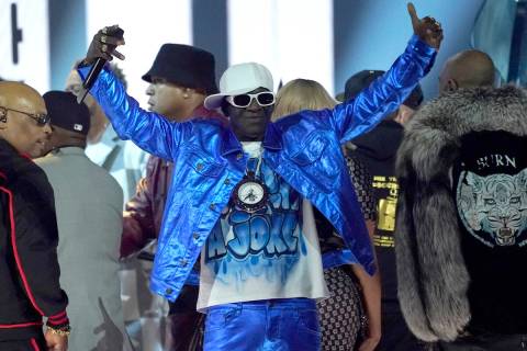 Flavor Flav on stage at the 65th annual Grammy Awards on Sunday, Feb. 5, 2023, in Los Angeles. ...