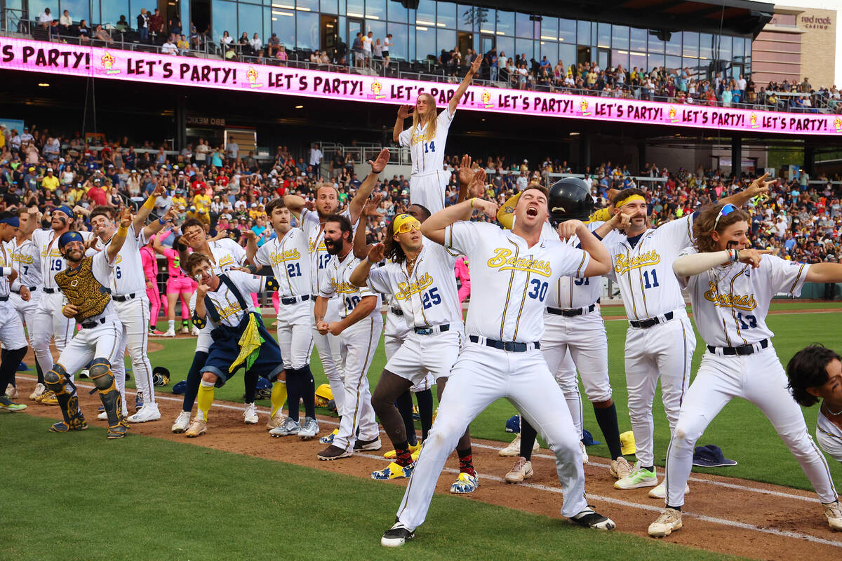 Savannah Bananas cheer before playing in a high-energy game of baseball against the Party Anima ...