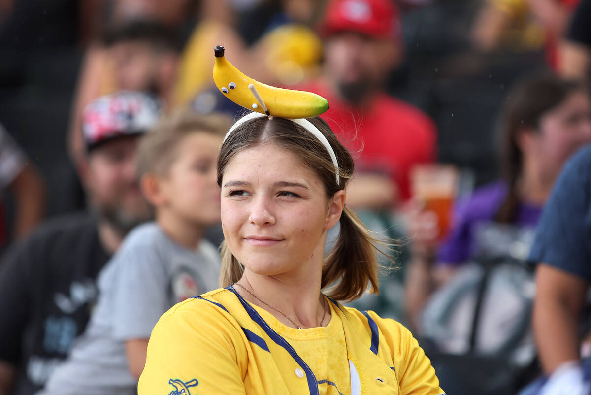 Savannah Bananas fan Aryliah Poirier, of Las Vegas, watches the Banana Ball World Tour at the L ...