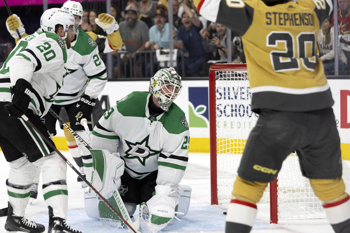 Dallas Stars goaltender Jake Oettinger (29) reacts after Golden Knights right wing Mark Stone, ...