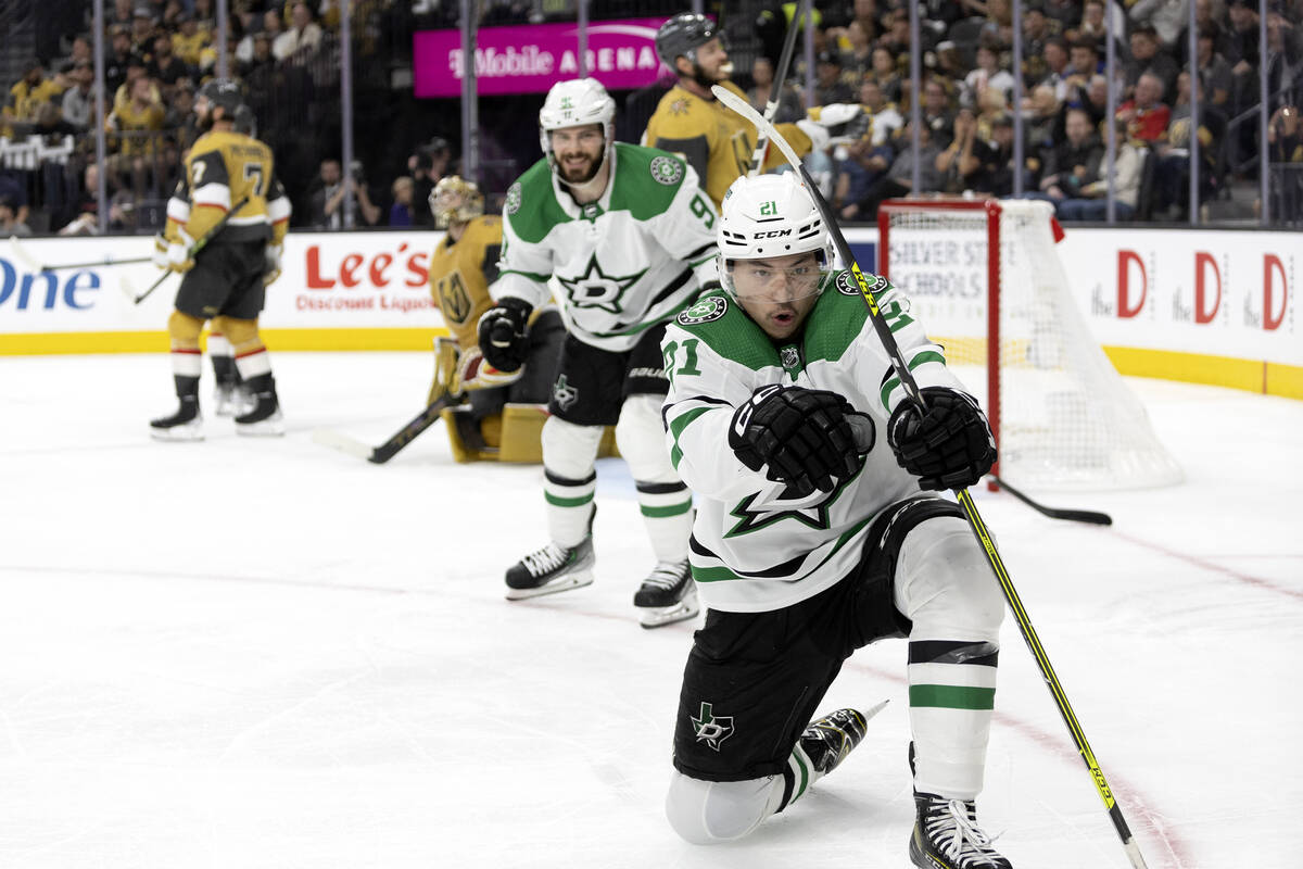 Dallas Stars left wing Jason Robertson (21) celebrates after scoring during the second period i ...