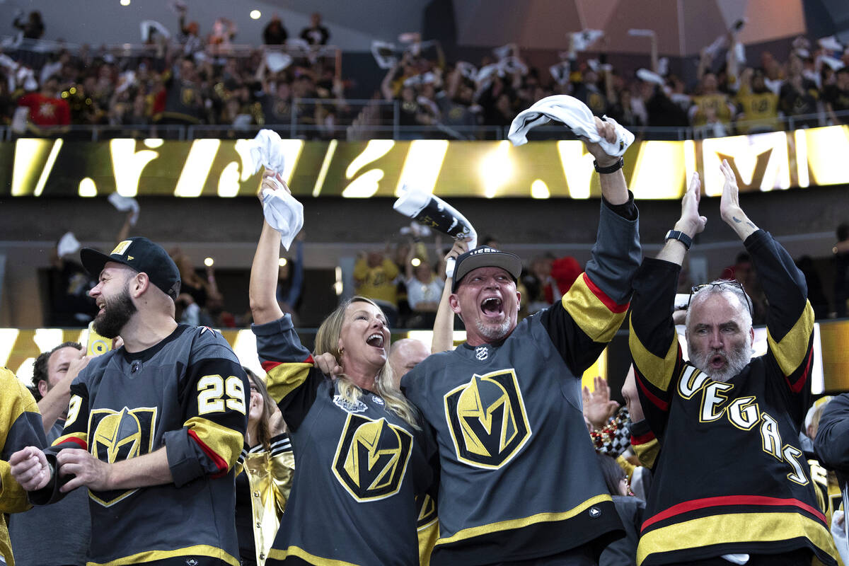 Golden Knights fans cheer after right wing Jonathan Marchessault (81) tied the score during the ...