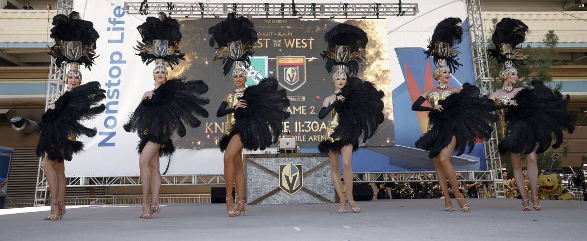 Members of the Golden Belles perform before the Game 2 of the NHL hockey Stanley Cup Western Co ...