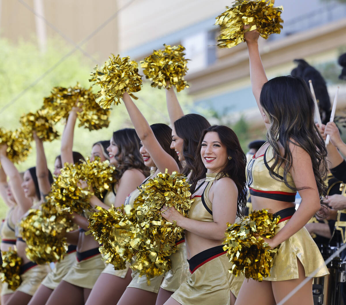 Members of the Vegas Golden Knights Vegas Vivas cheerleaders perform before Game 2 of the NHL h ...