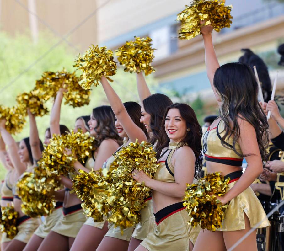 Members of the Vegas Golden Knights Vegas Vivas cheerleaders perform before Game 2 of the NHL h ...
