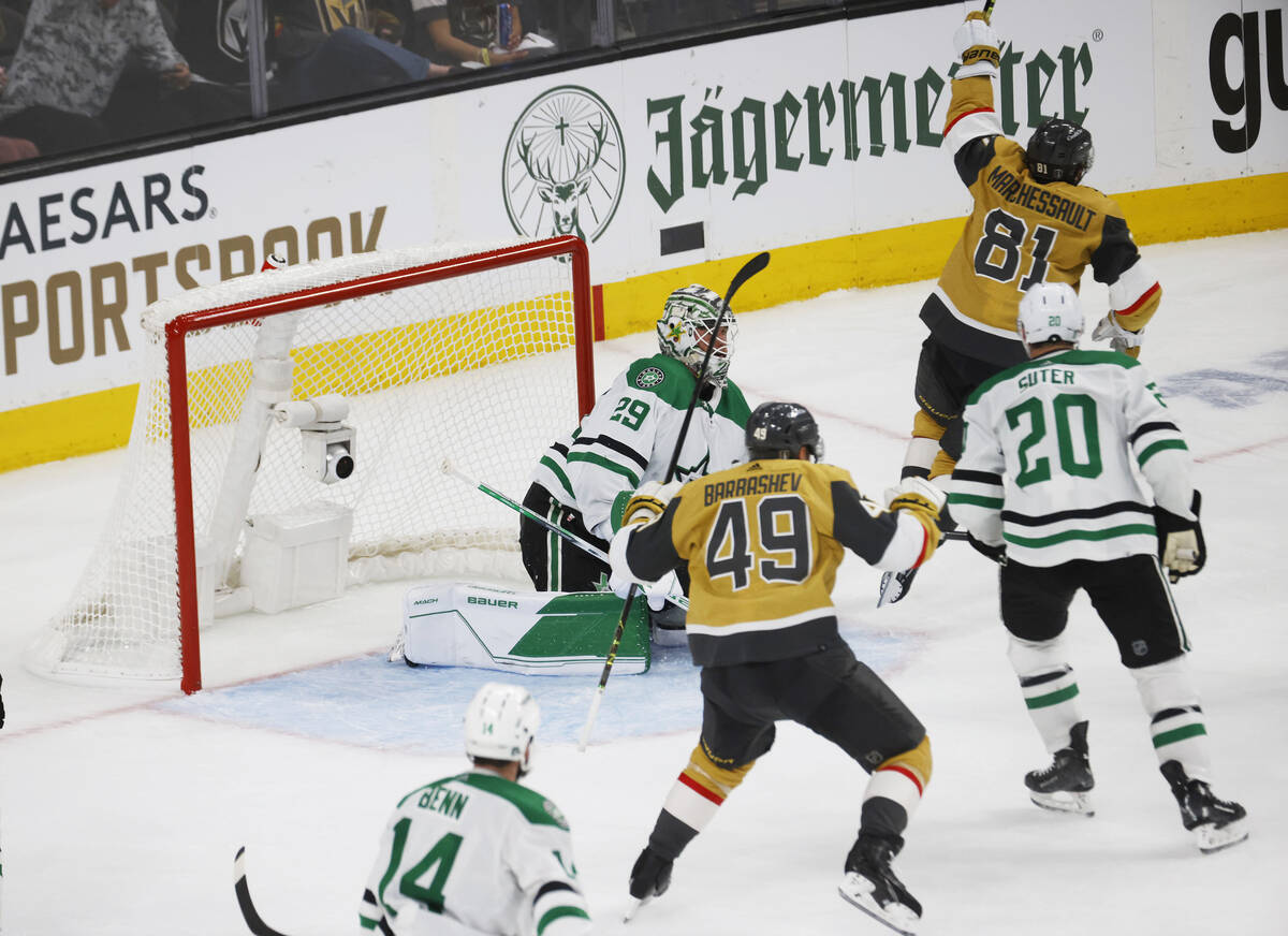 Golden Knights right wing Jonathan Marchessault (81) celebrates after scoring against Dallas St ...