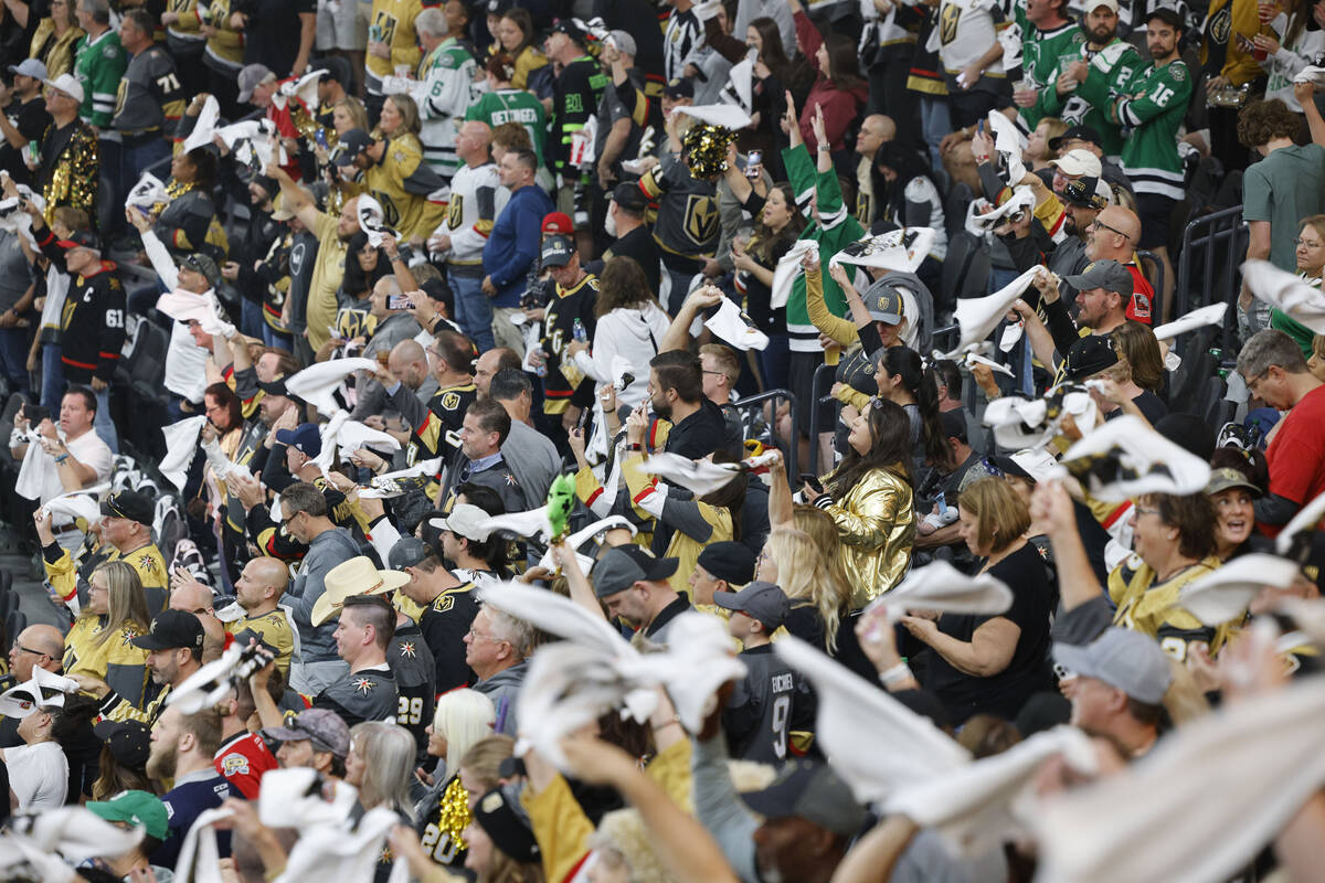 Golden Knights and Dallas Stars fans cheer before the Game 2 of the NHL hockey Stanley Cup West ...