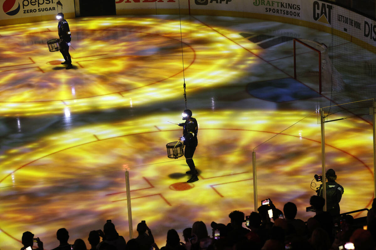 Members of the Vegas Golden Knights Knight Line by Drumbots performs before the Game 2 of the N ...