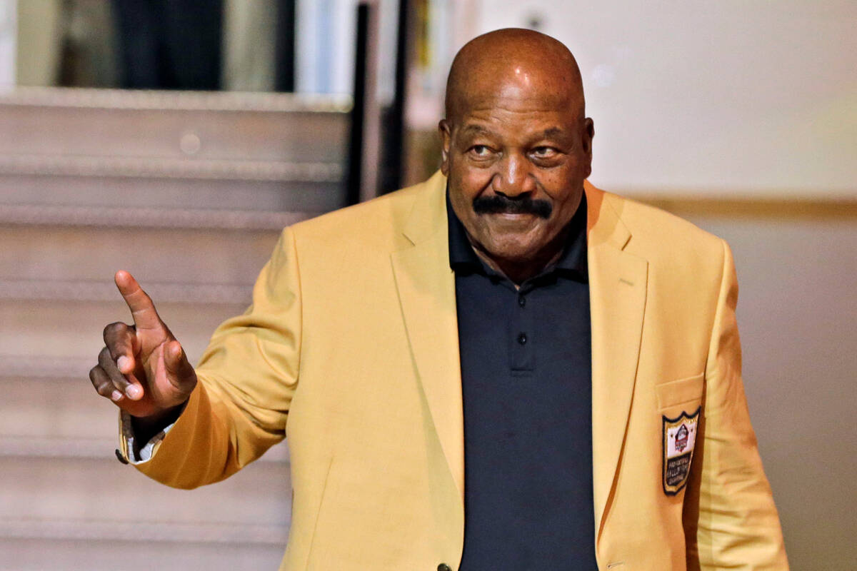 Jim Brown is introduced before the inaugural Pro Football Hall of Fame Fan Fest Friday, May 2, ...