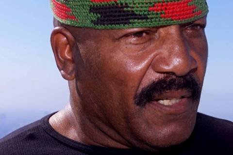 Pro Football Hall of Fame football star Jim Brown talks to a reporter following a news conferen ...